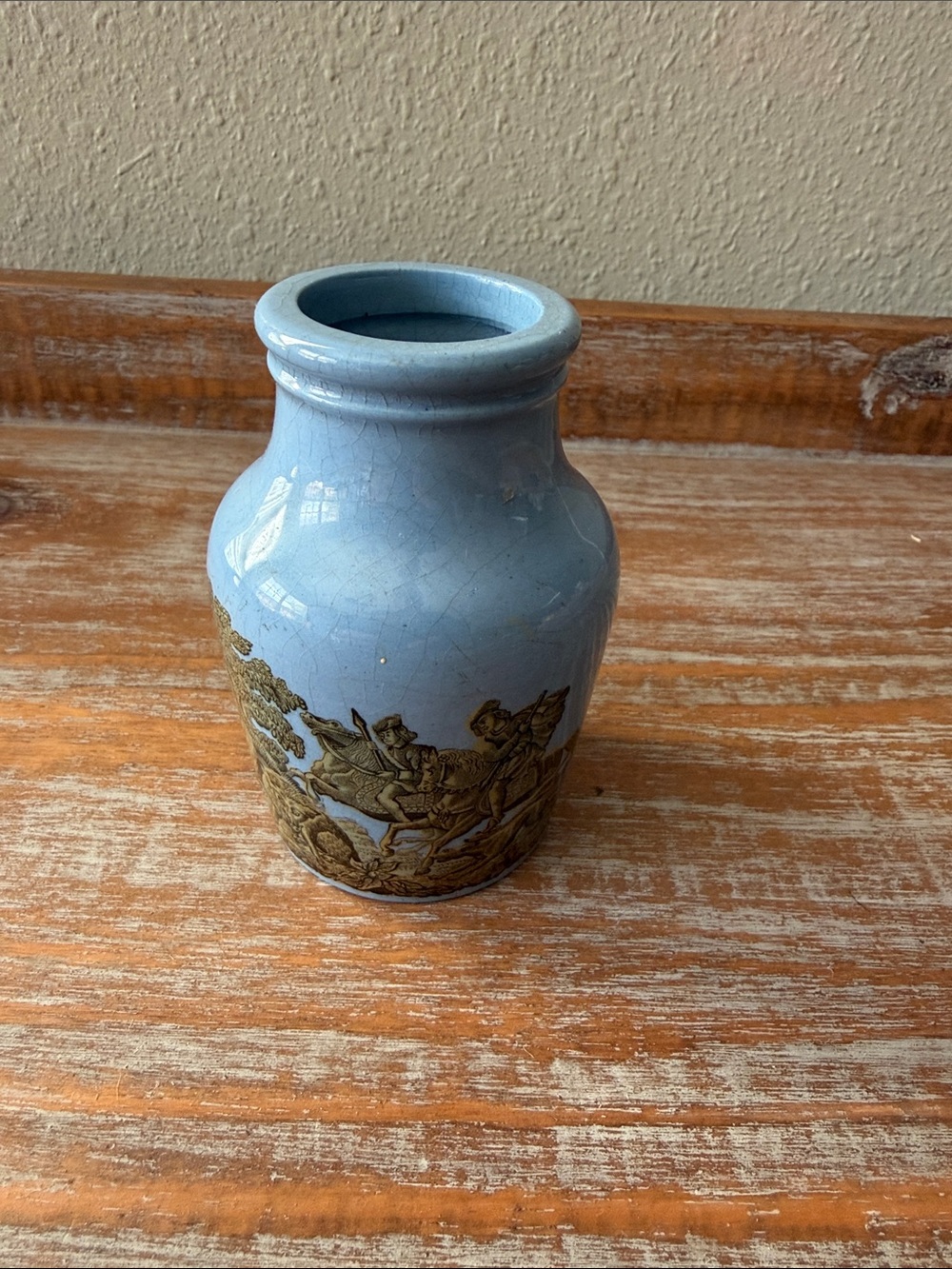 Blue Decorative Ceramic Vase with Gold Scenic Accent